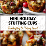 Mini stuffing cups with sausage and cranberries served on a holiday platter in muffin tins.